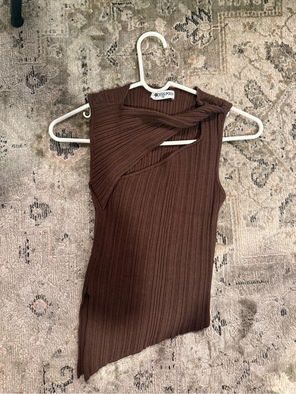 Princess Polly Brown Ribbed Asymmetrical Twist Neck Top